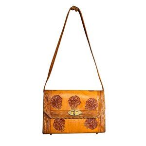 Vintage Southwestern Tooled Leather Shoulder Bag With Floral Design